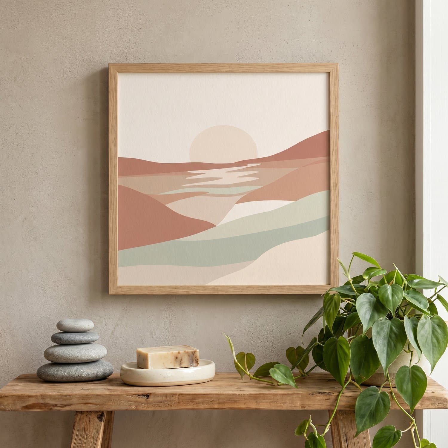 Abstract Sun Japandi print styled on a bathroom wall