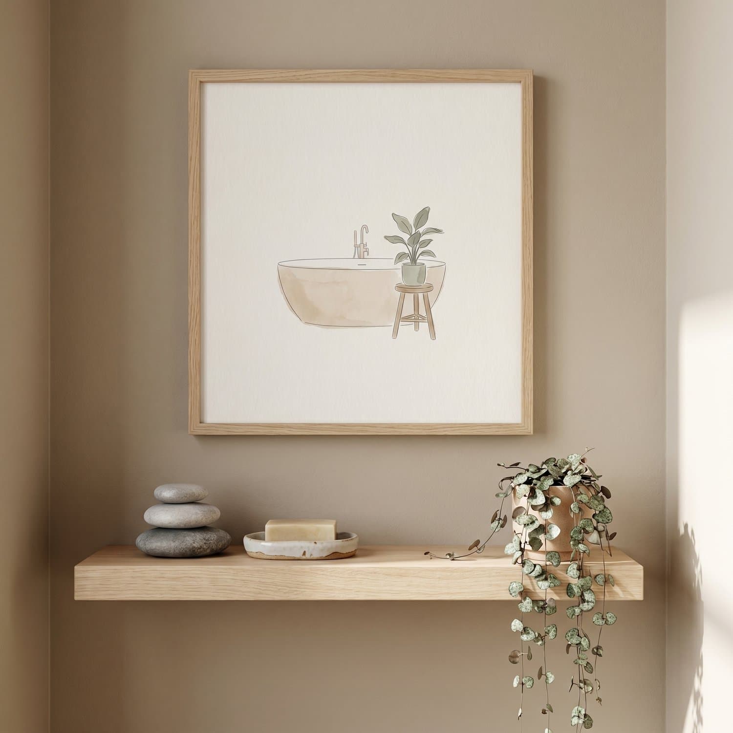 Bathtub Japandi print styled on a bathroom wall