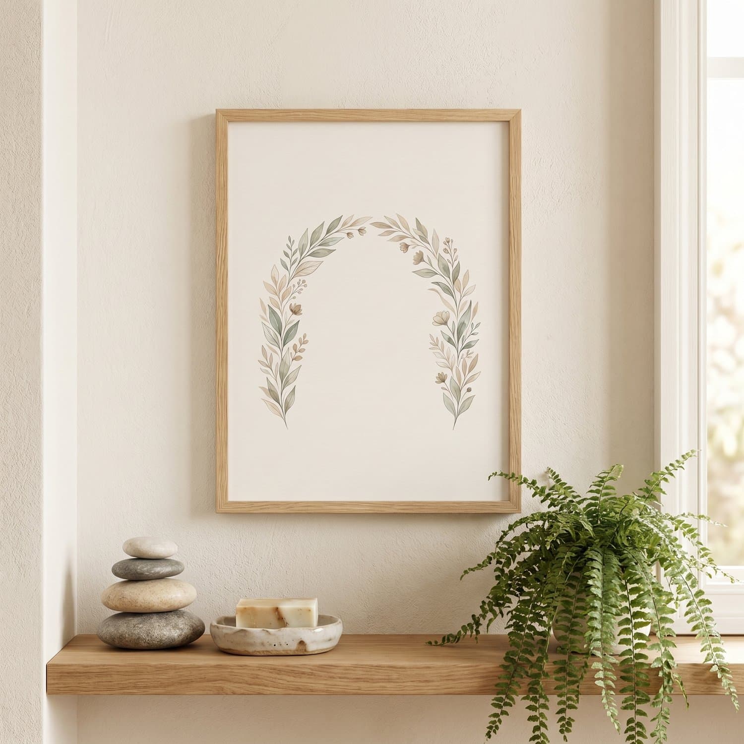 Botanical Arch Japandi print styled on a bathroom wall