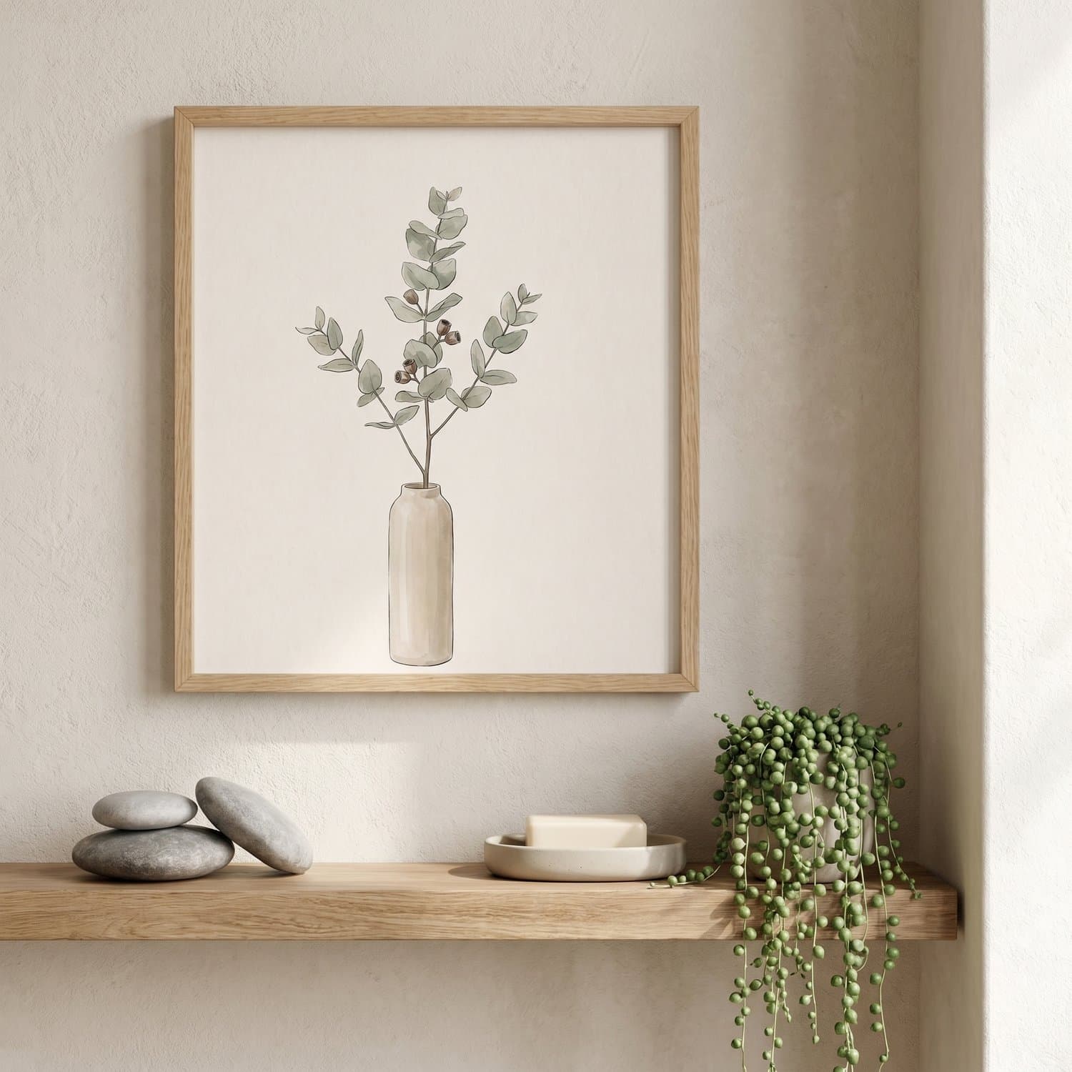 Eucalyptus Japandi print styled on a bathroom wall