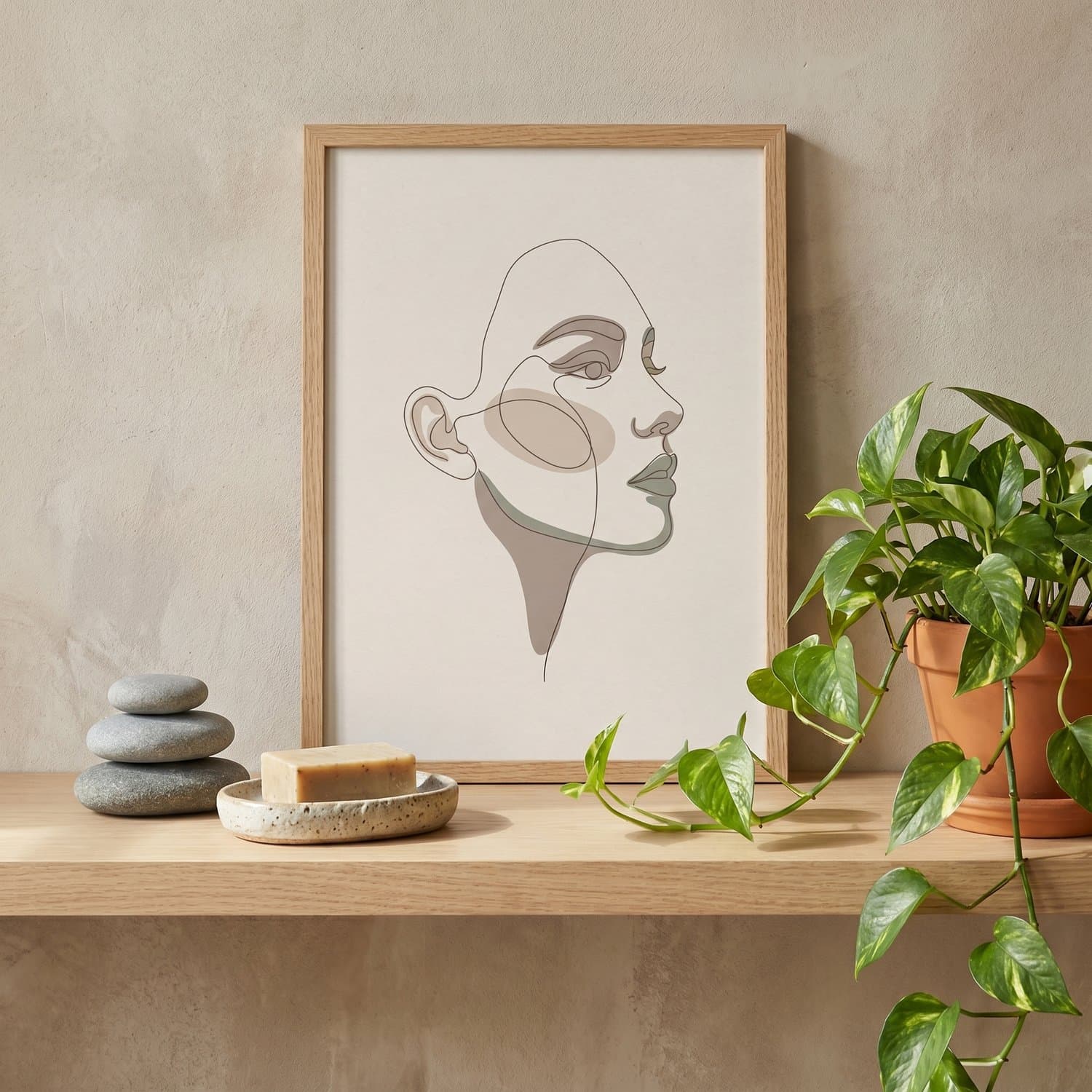 Face Line Art Japandi print styled on a bathroom wall