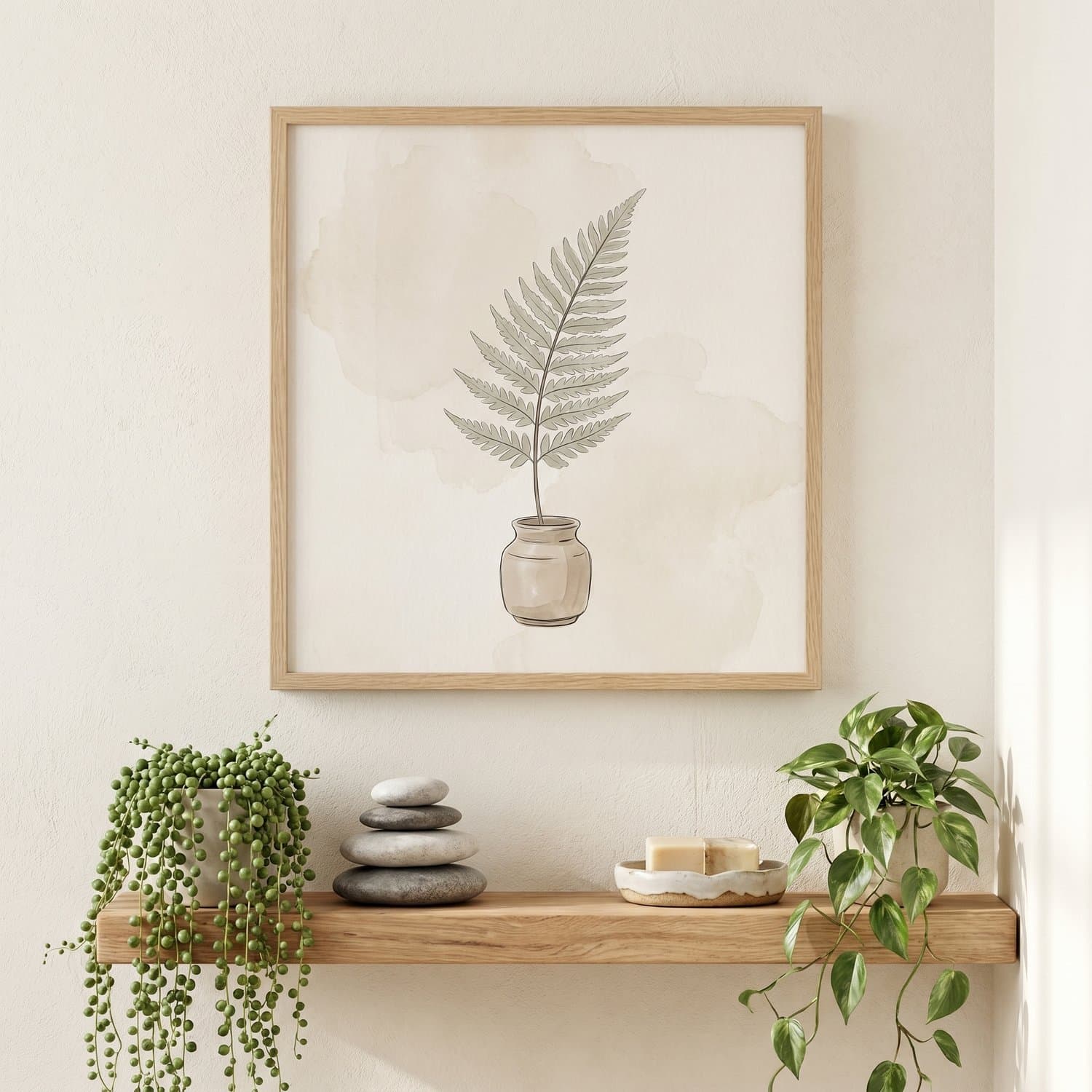 Fern Japandi print styled on a bathroom wall