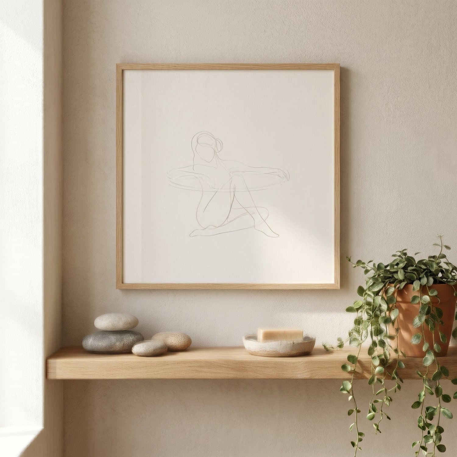 Self Care Line Art Japandi print styled on a bathroom wall