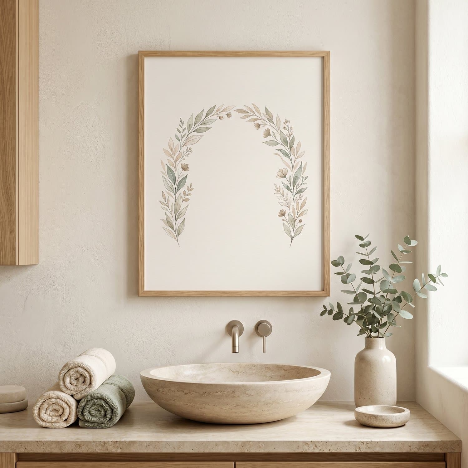 Bathroom — Set of 9 Japandi print styled on a bathroom wall