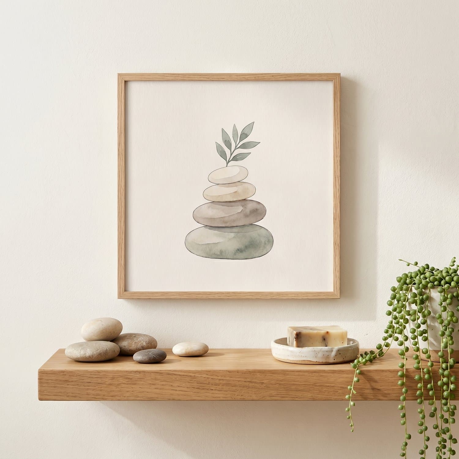 Spa Stones Japandi print styled on a bathroom wall