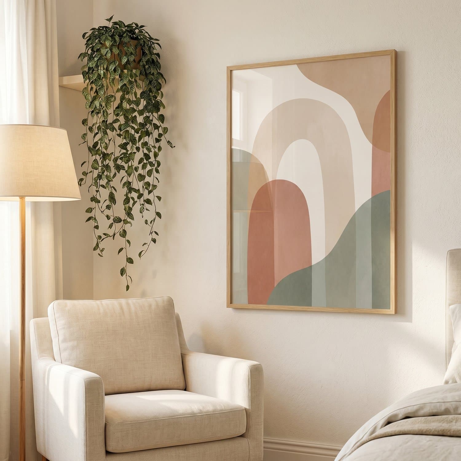 Abstract Arches Japandi print styled on a bedroom wall