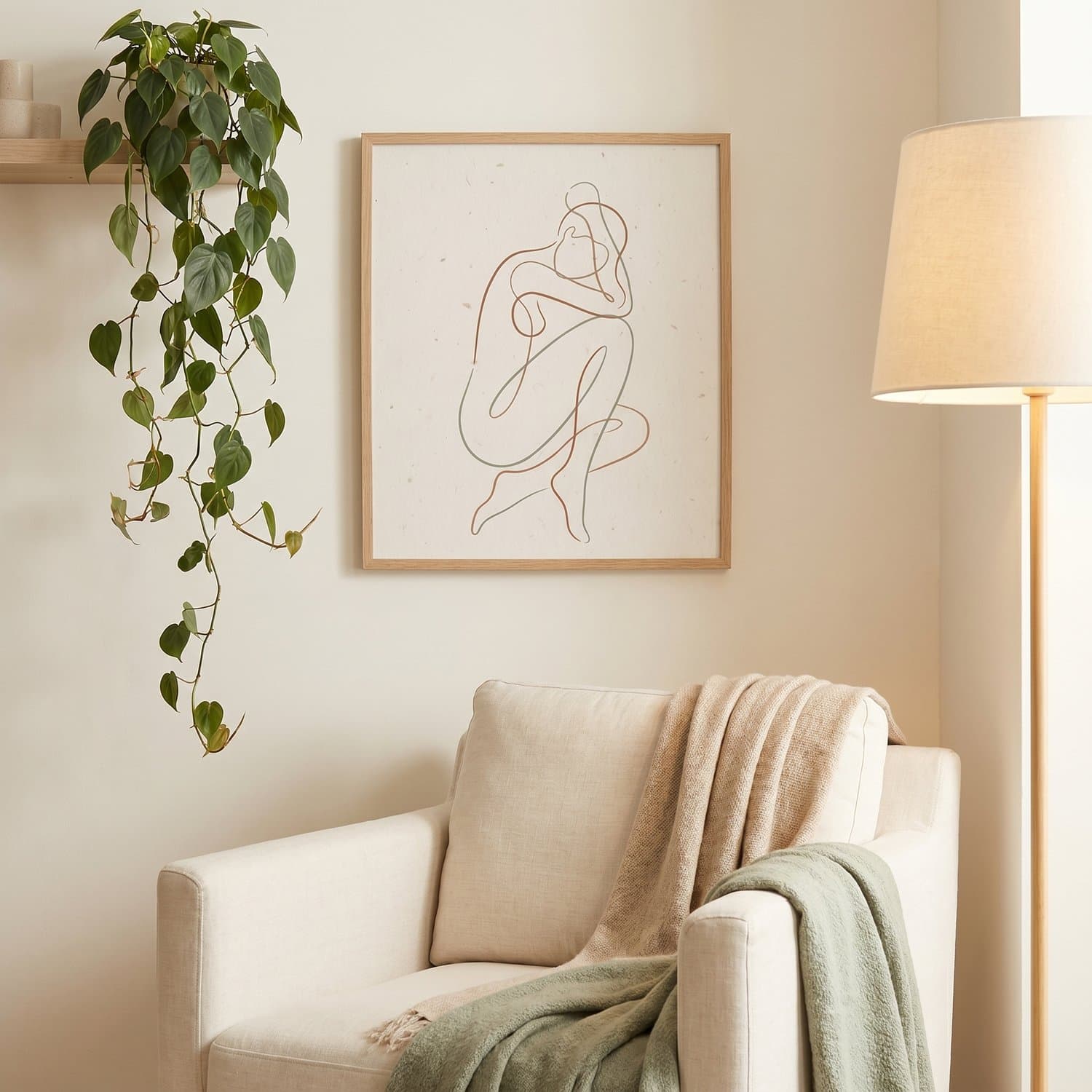 Abstract Figure Japandi print styled on a bedroom wall