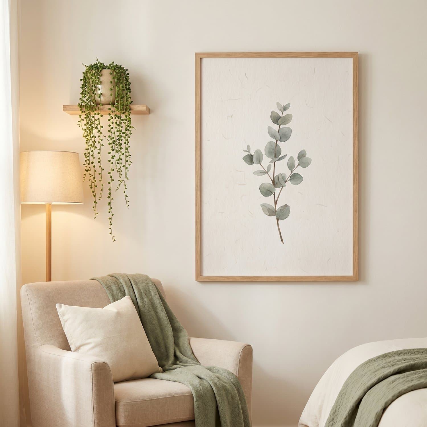 Eucalyptus Japandi print styled on a bedroom wall