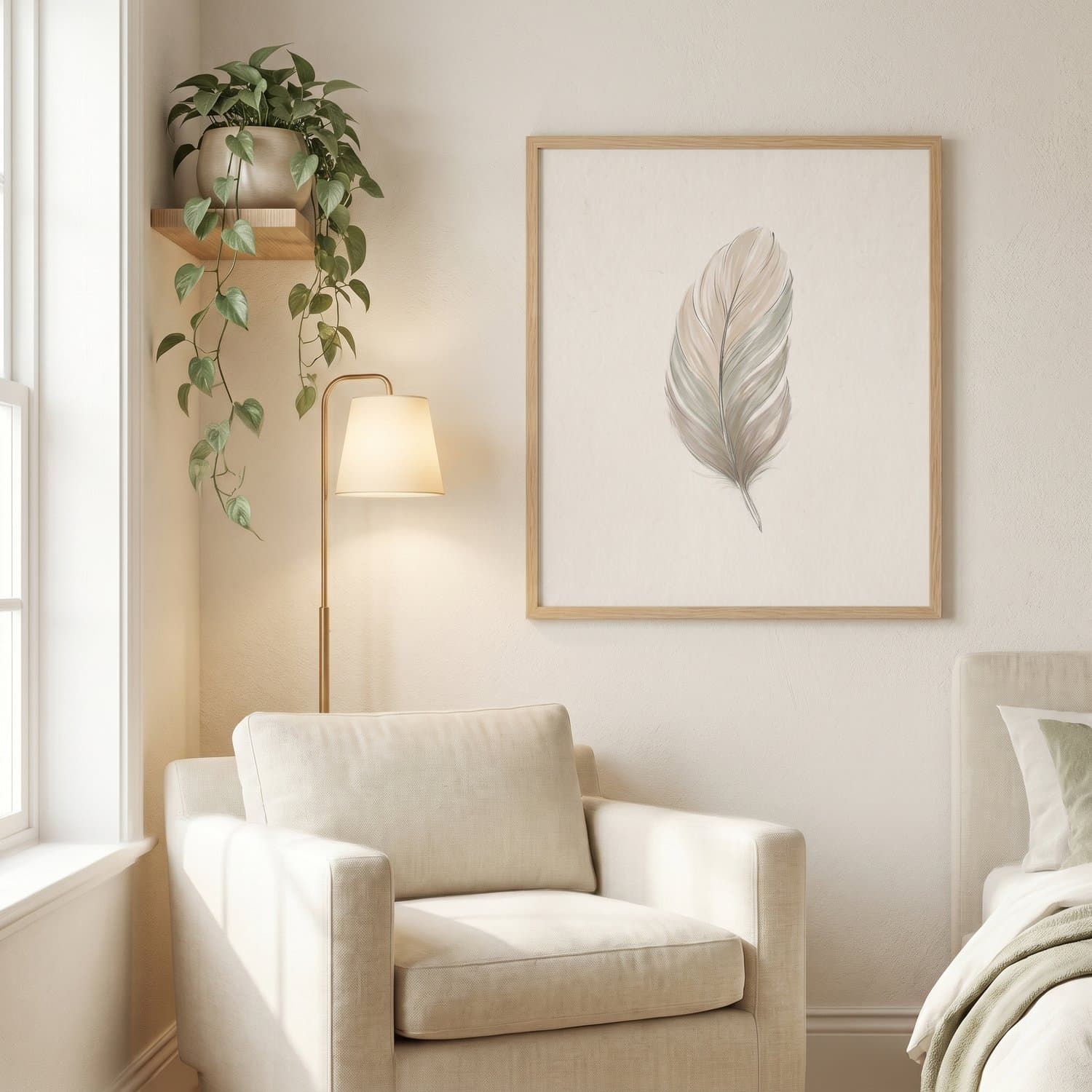 Feather Japandi print styled on a bedroom wall