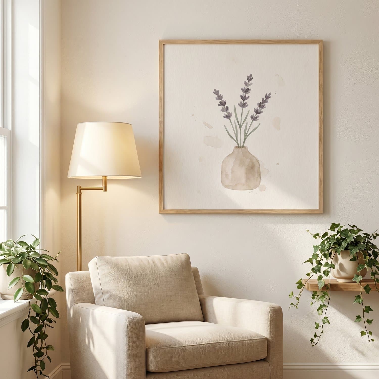 Lavender Japandi print styled on a bedroom wall