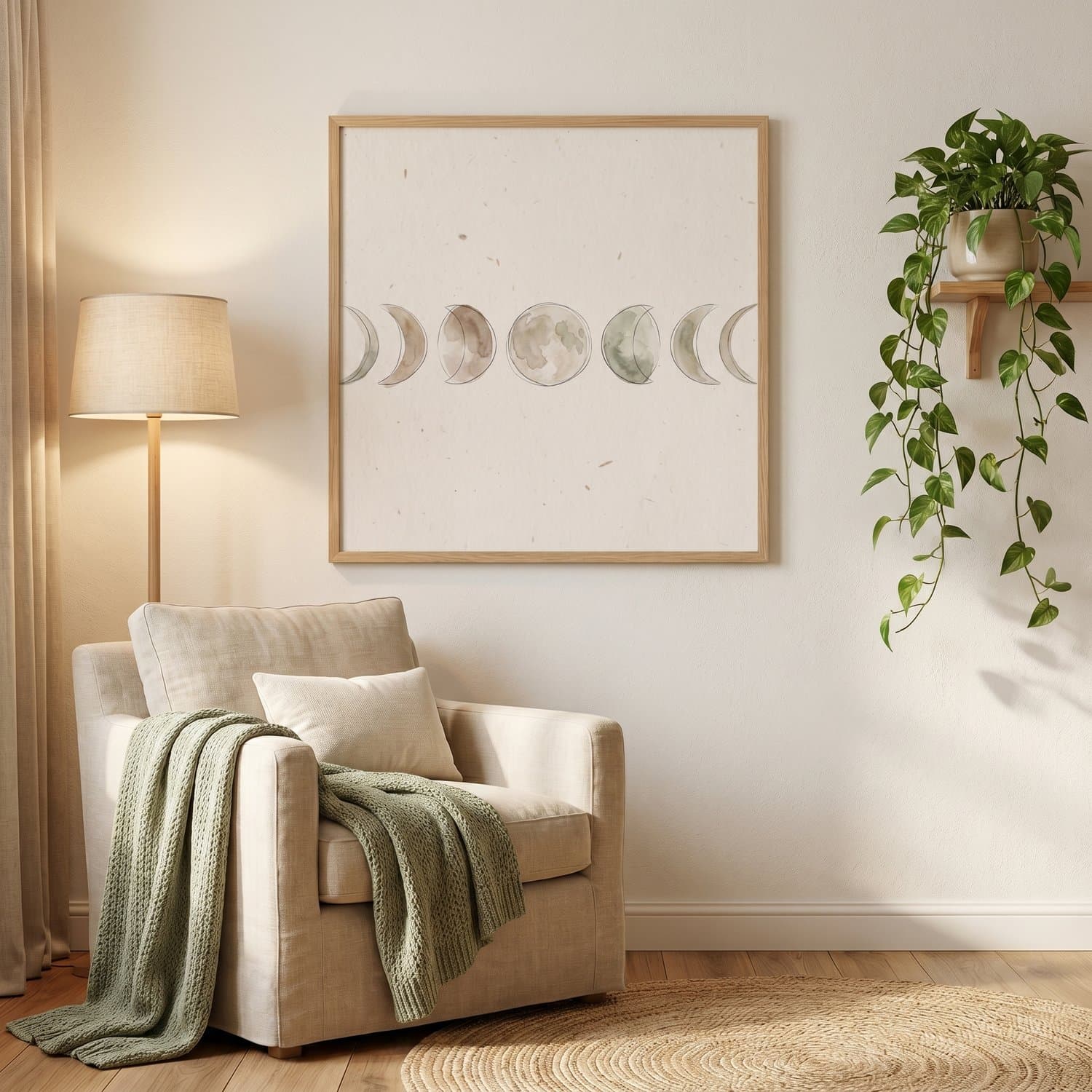 Moon Phases Japandi print styled on a bedroom wall