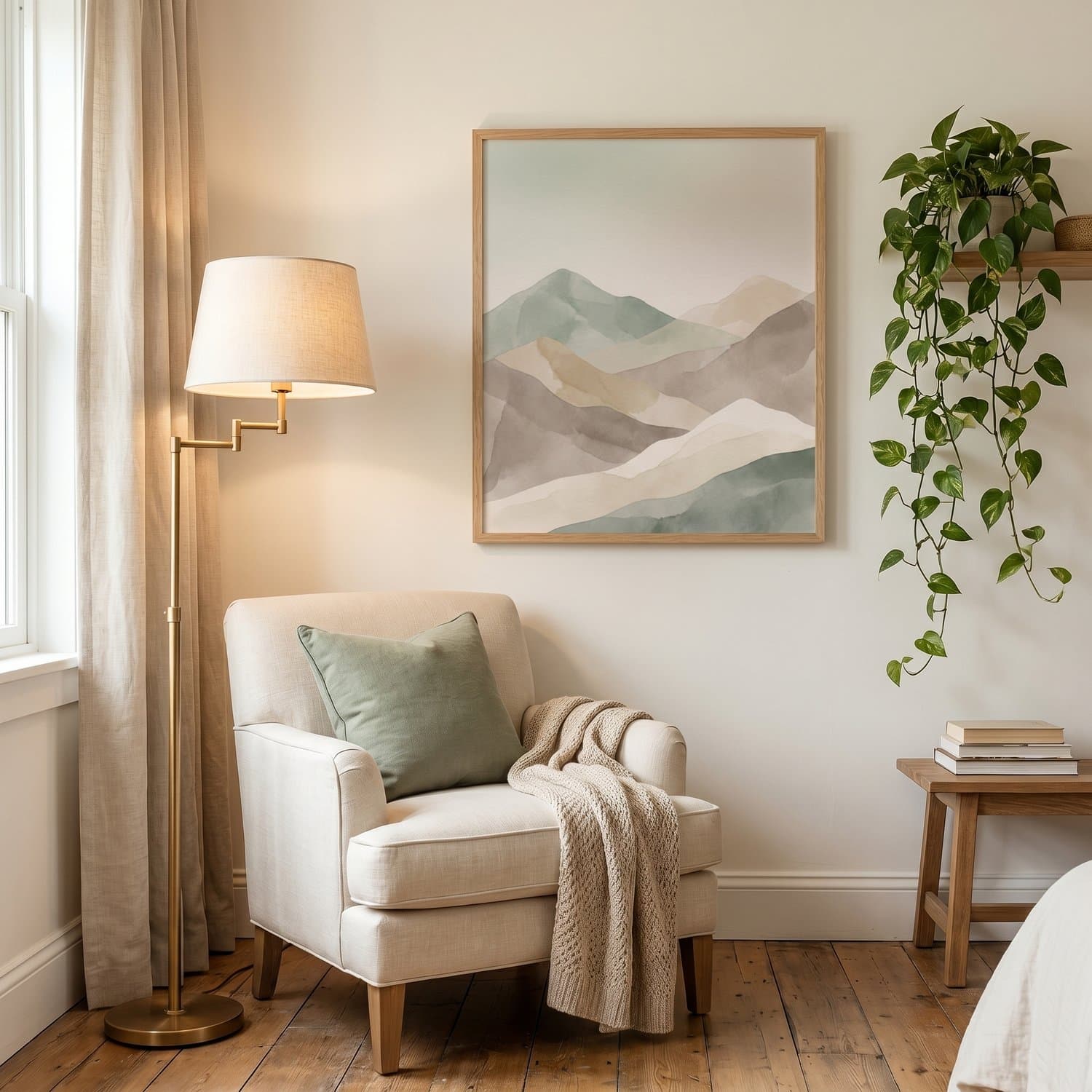 Mountains Japandi print styled on a bedroom wall