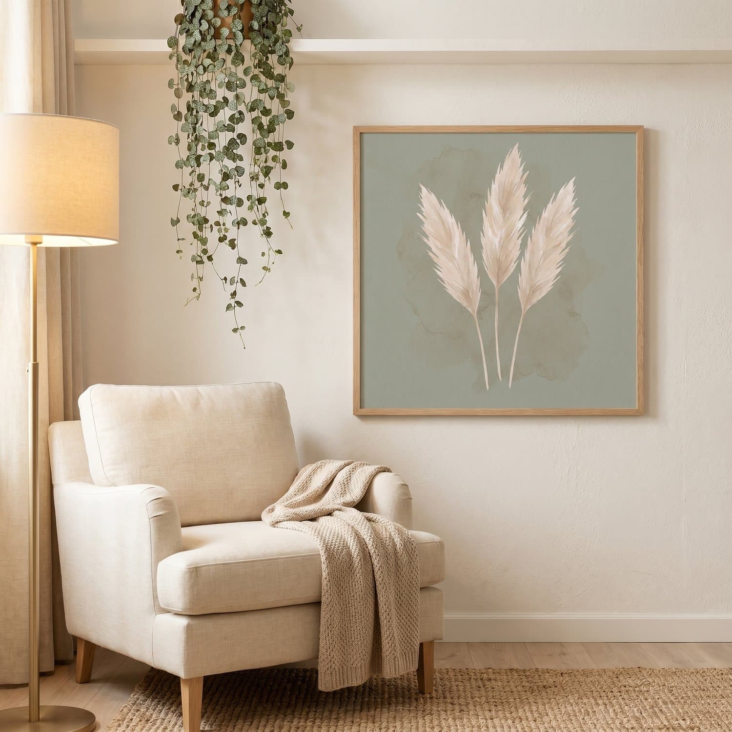 Pampas Grass Japandi print styled on a bedroom wall