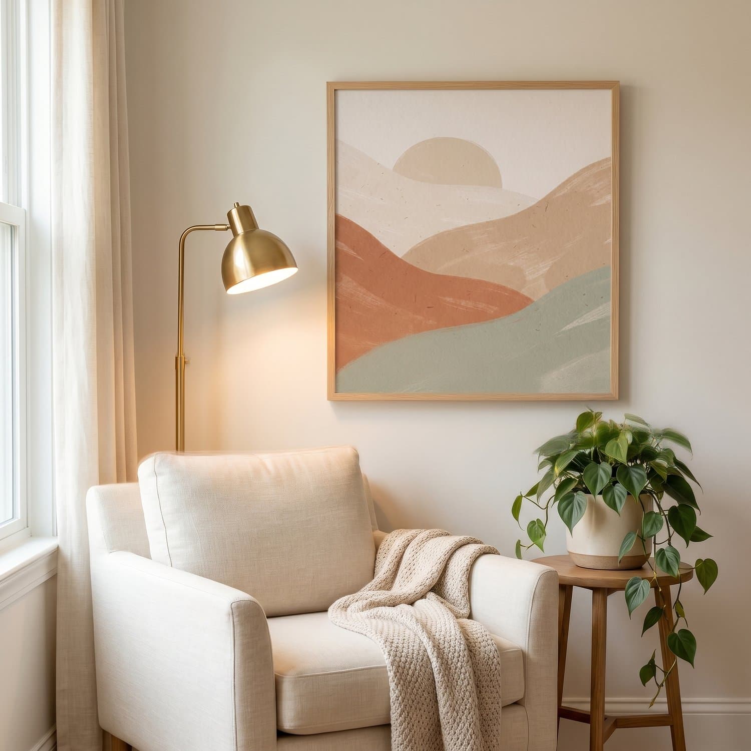 Sun Landscape Japandi print styled on a bedroom wall