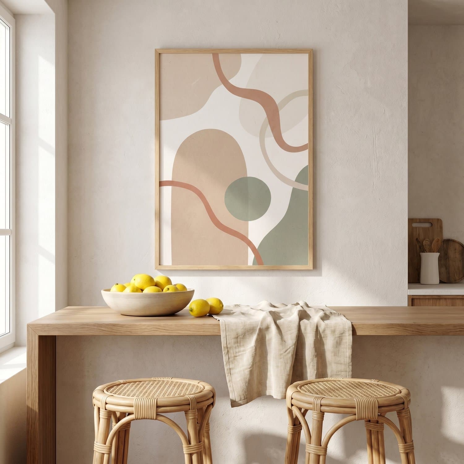 Abstract Shapes Japandi print styled on a kitchen wall