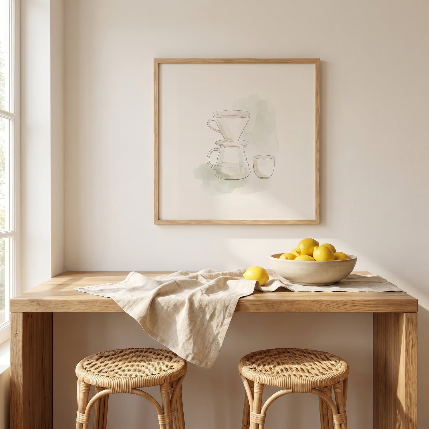 Coffee Pour Over Japandi print styled on a kitchen wall