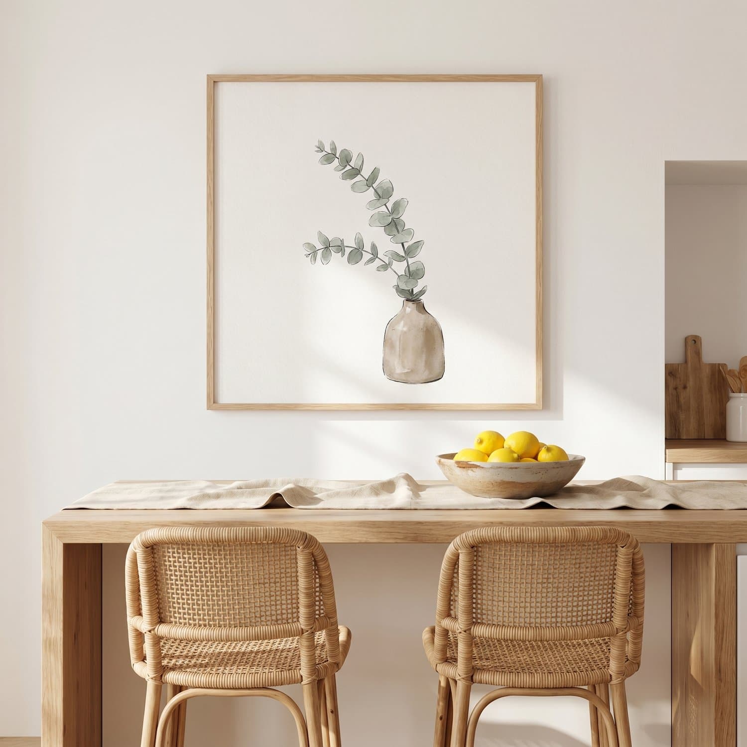 Eucalyptus Japandi print styled on a kitchen wall