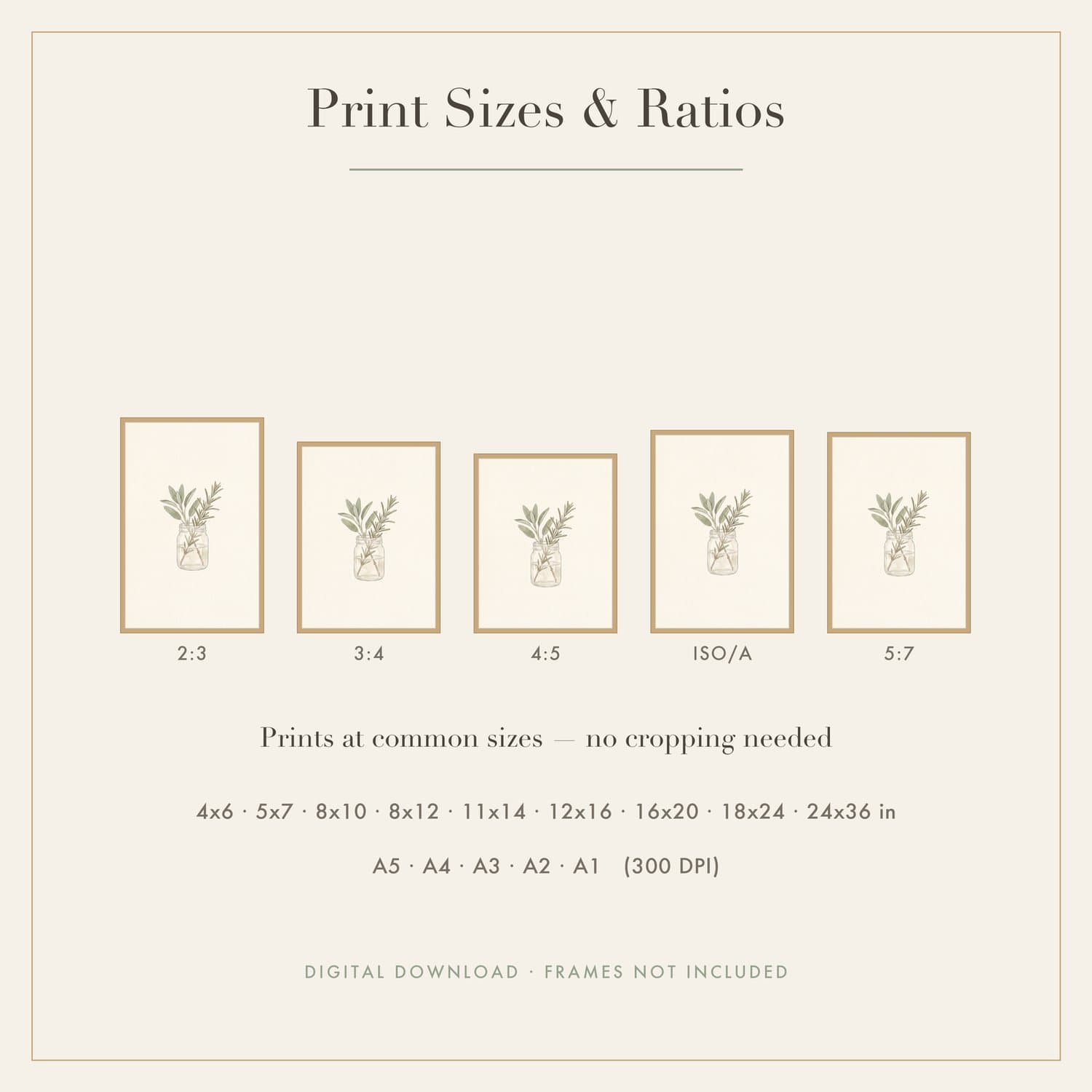 Kitchen Herbs Japandi print shown framed at an angle