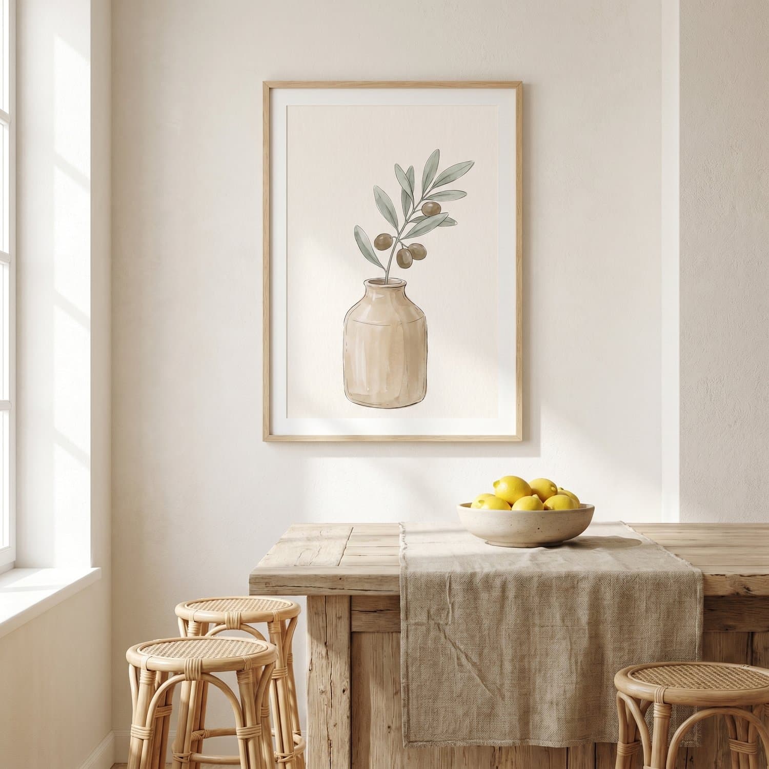 Olive Branch Japandi print styled on a kitchen wall