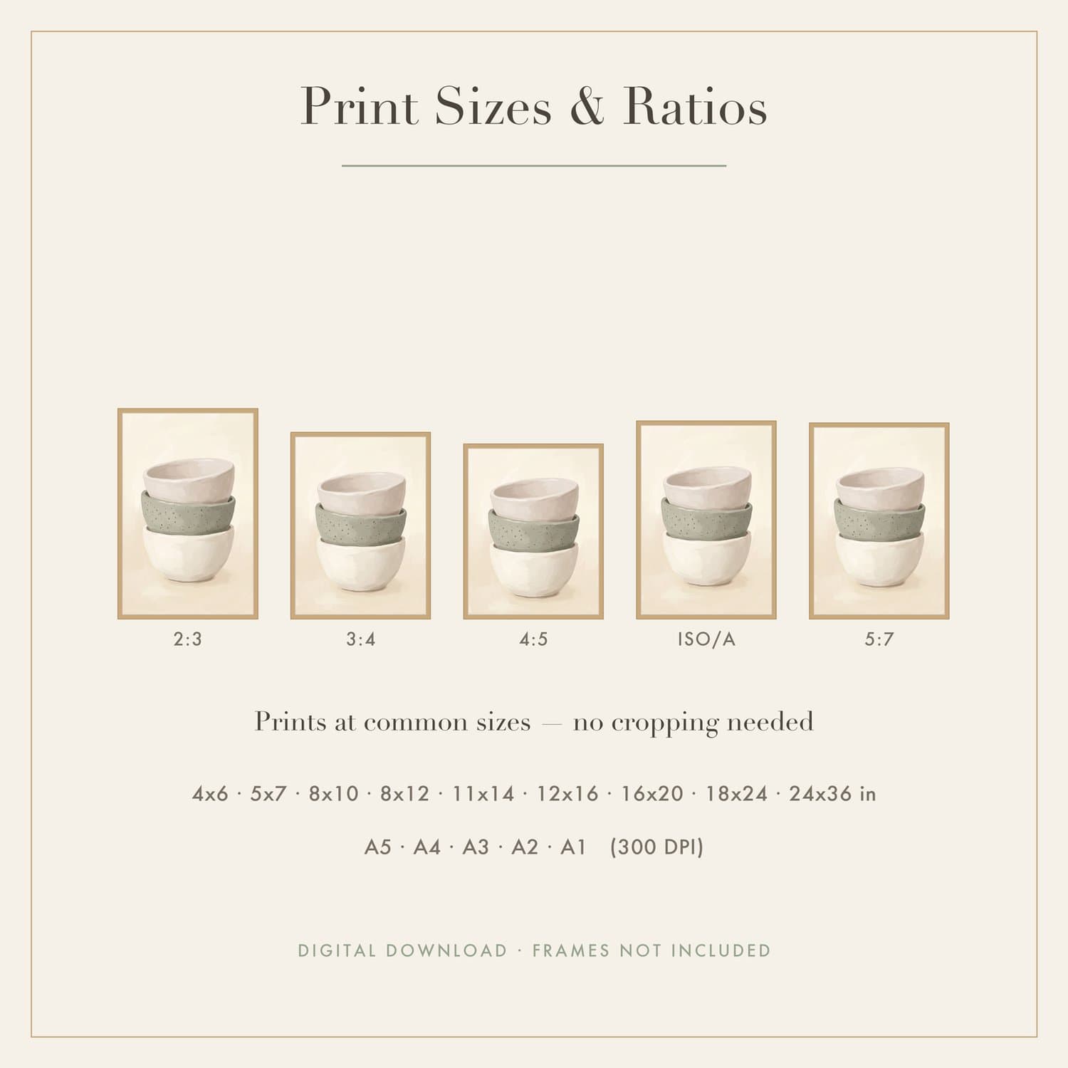 Pottery Bowls Japandi print shown framed at an angle