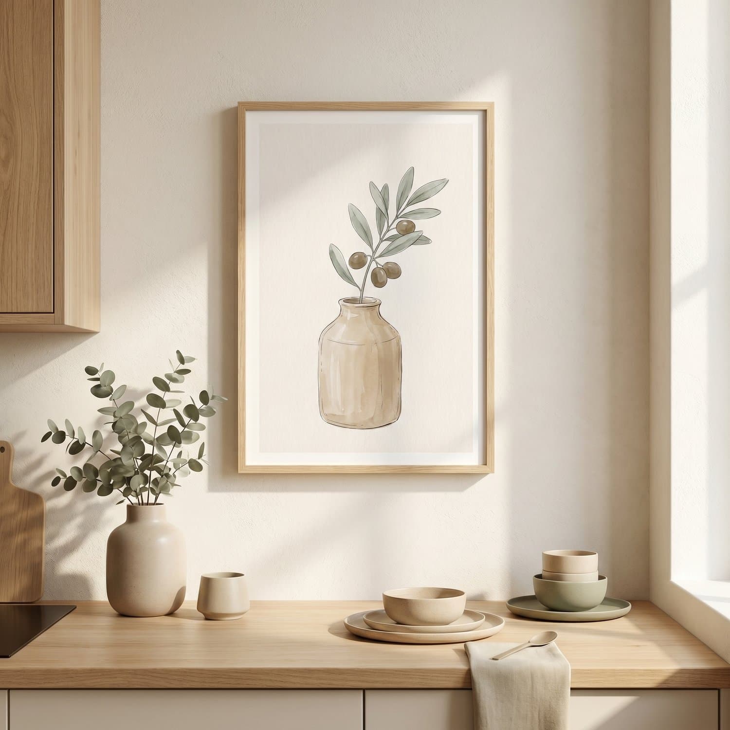 Kitchen — Set of 9 Japandi print styled on a kitchen wall