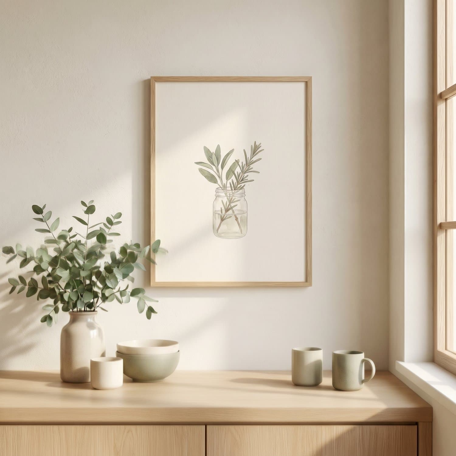 Kitchen — Set of 9 Japandi print styled on a kitchen wall