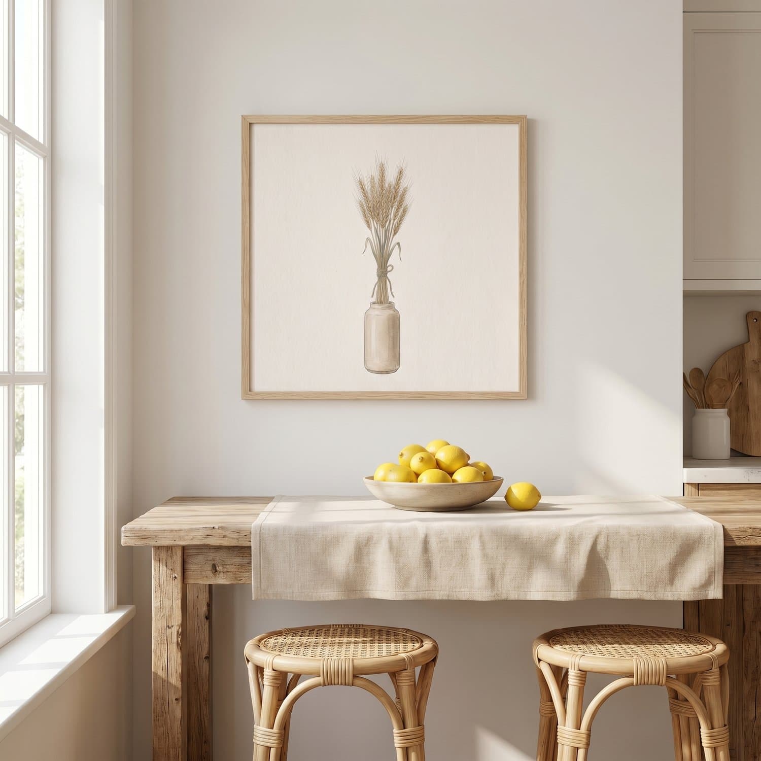 Wheat Japandi print styled on a kitchen wall