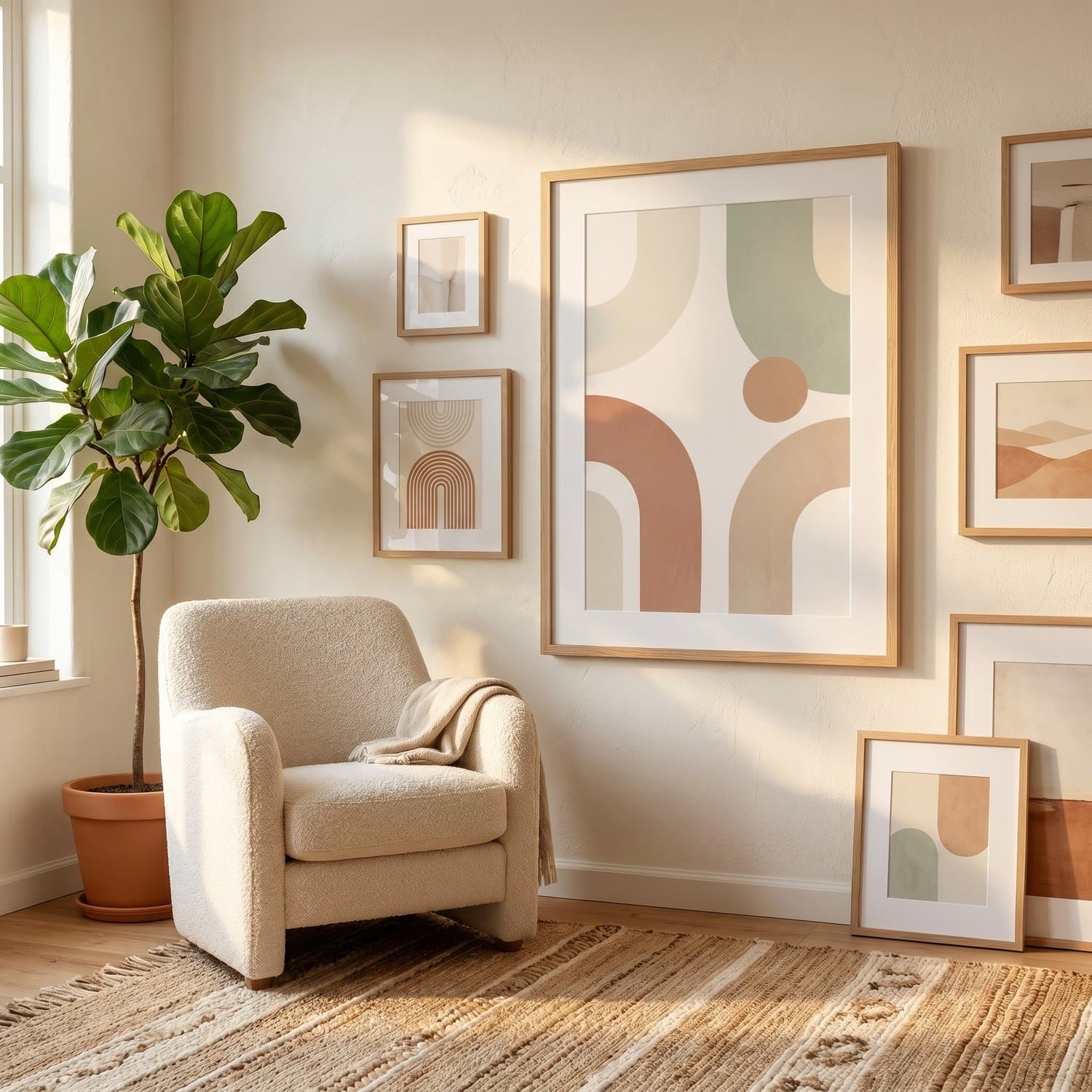 Abstract Arches Japandi print styled on a living room wall