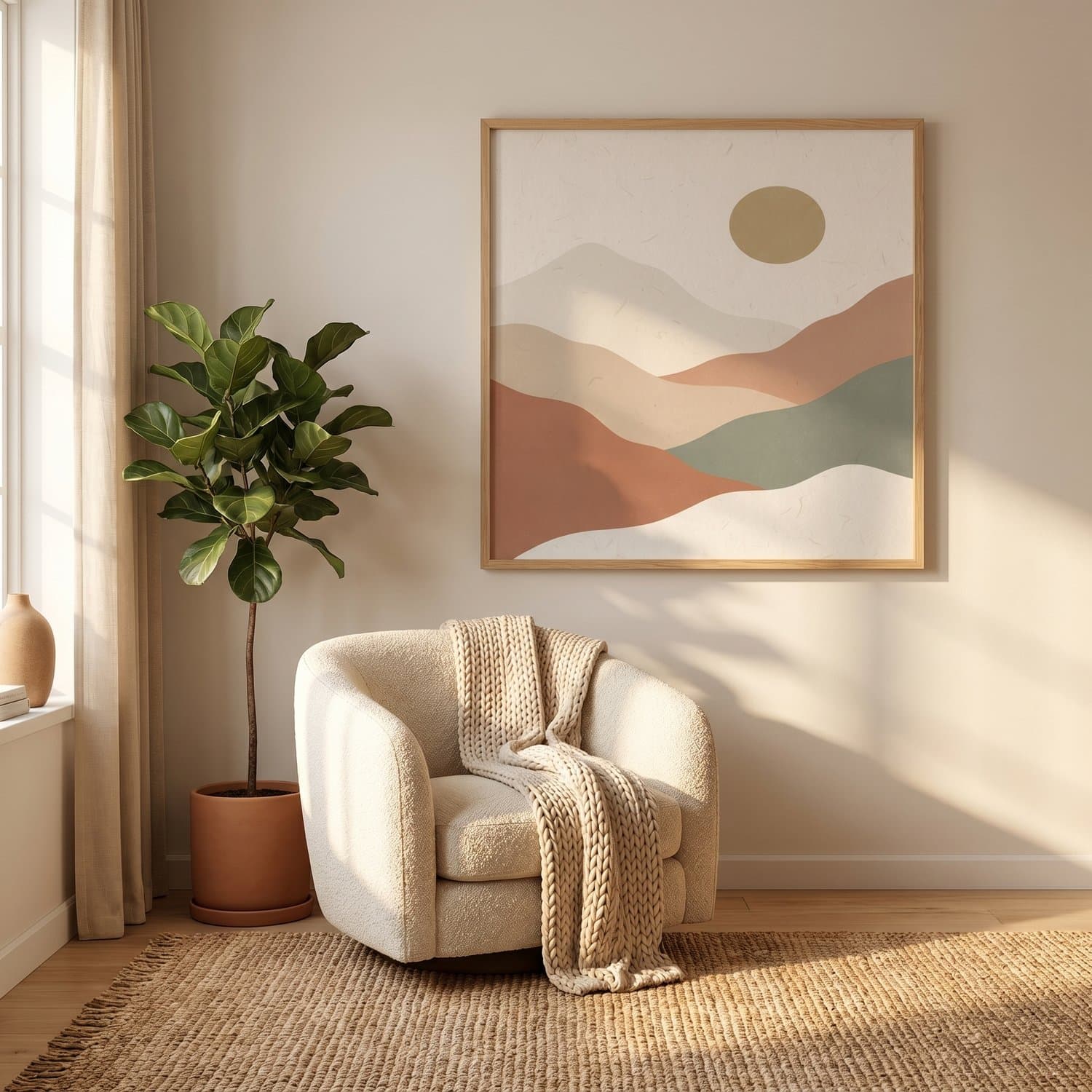 Abstract Mountains Japandi print styled on a living room wall