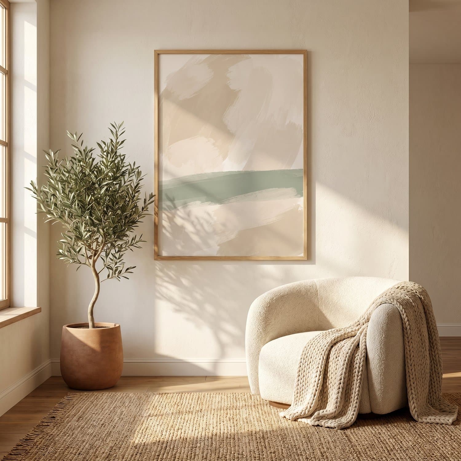 Abstract Texture Japandi print styled on a living room wall