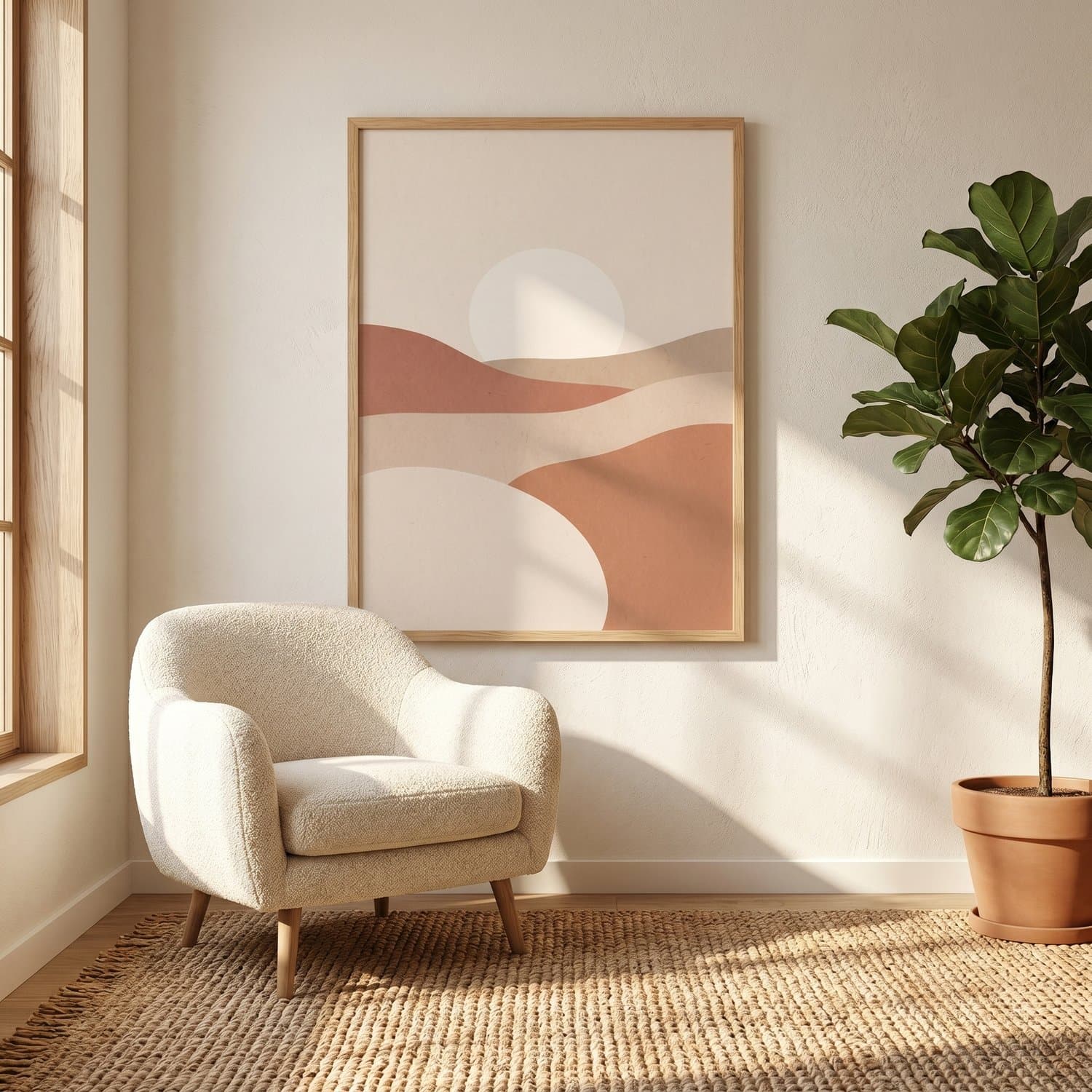 Boho Sun Japandi print styled on a living room wall