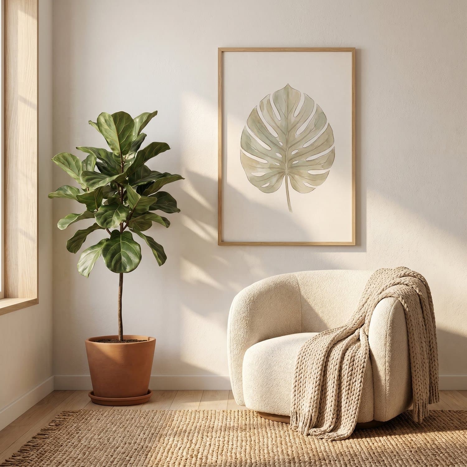 Monstera Leaf Japandi print styled on a living room wall