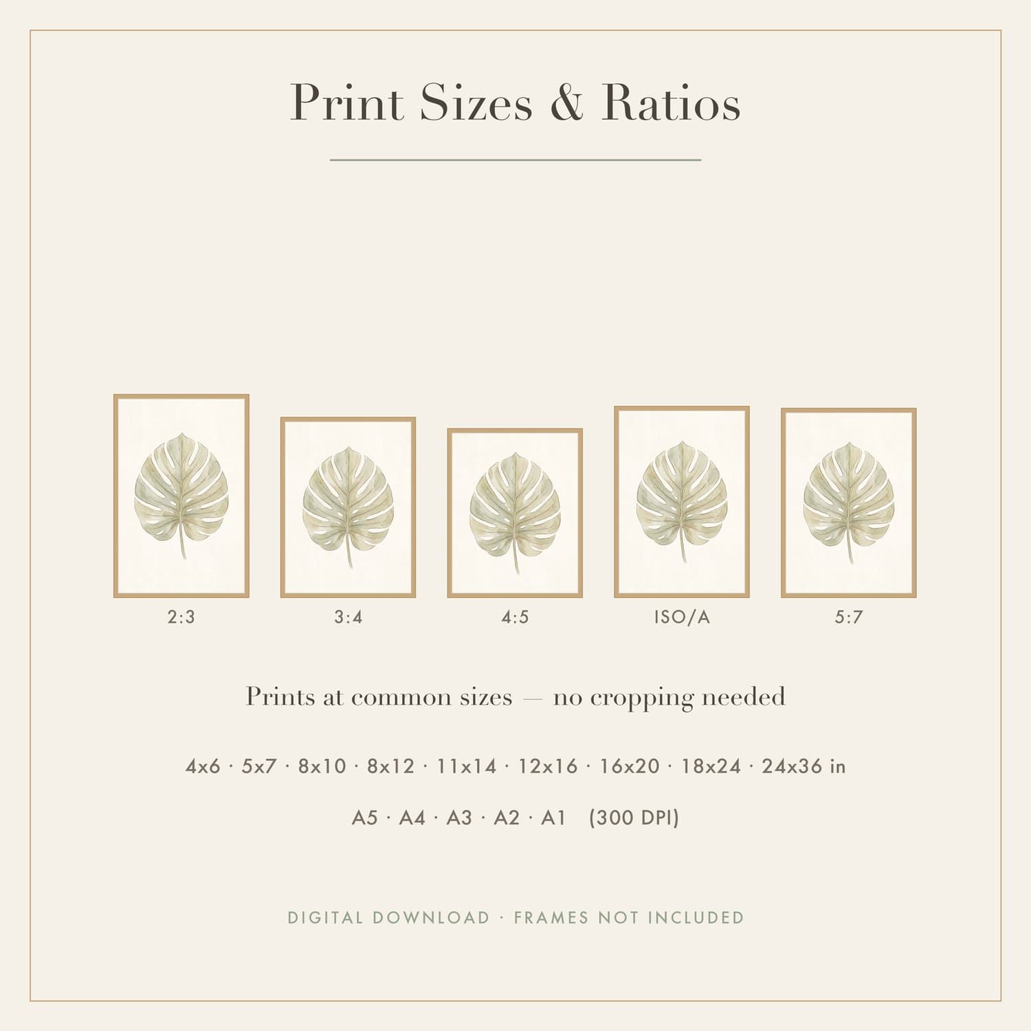 Monstera Leaf Japandi print shown framed at an angle