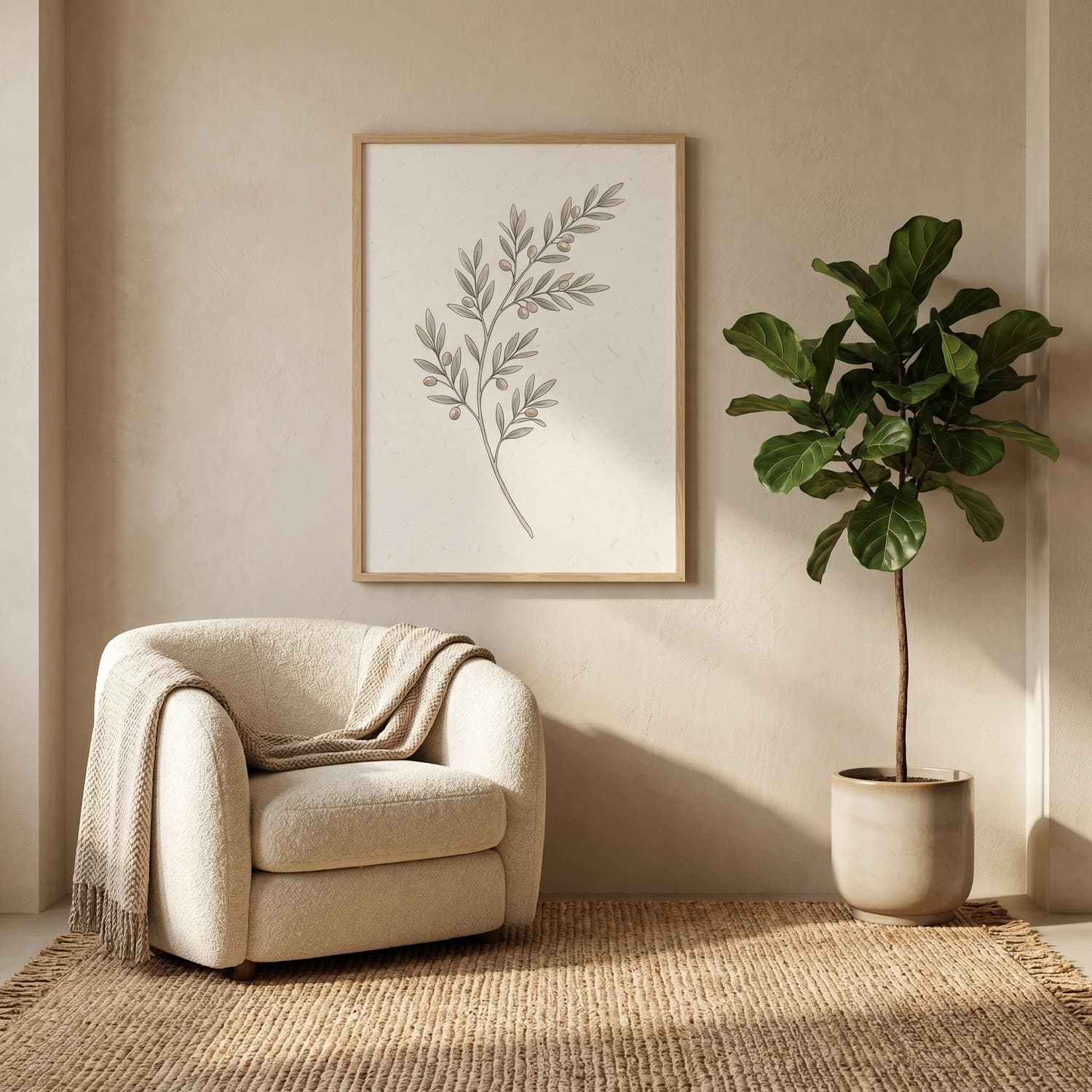 Olive Branch Japandi print styled on a living room wall