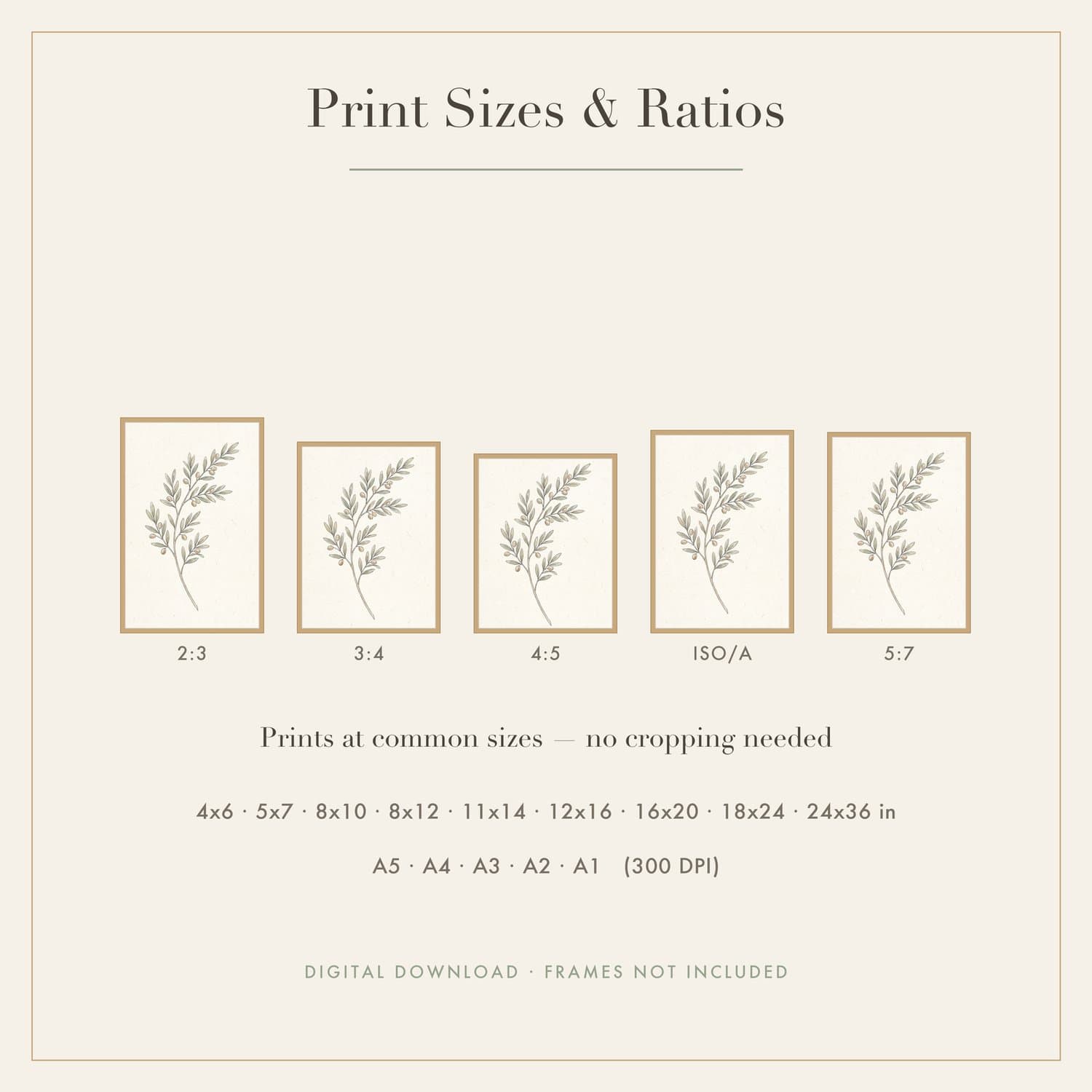 Olive Branch Japandi print shown framed at an angle