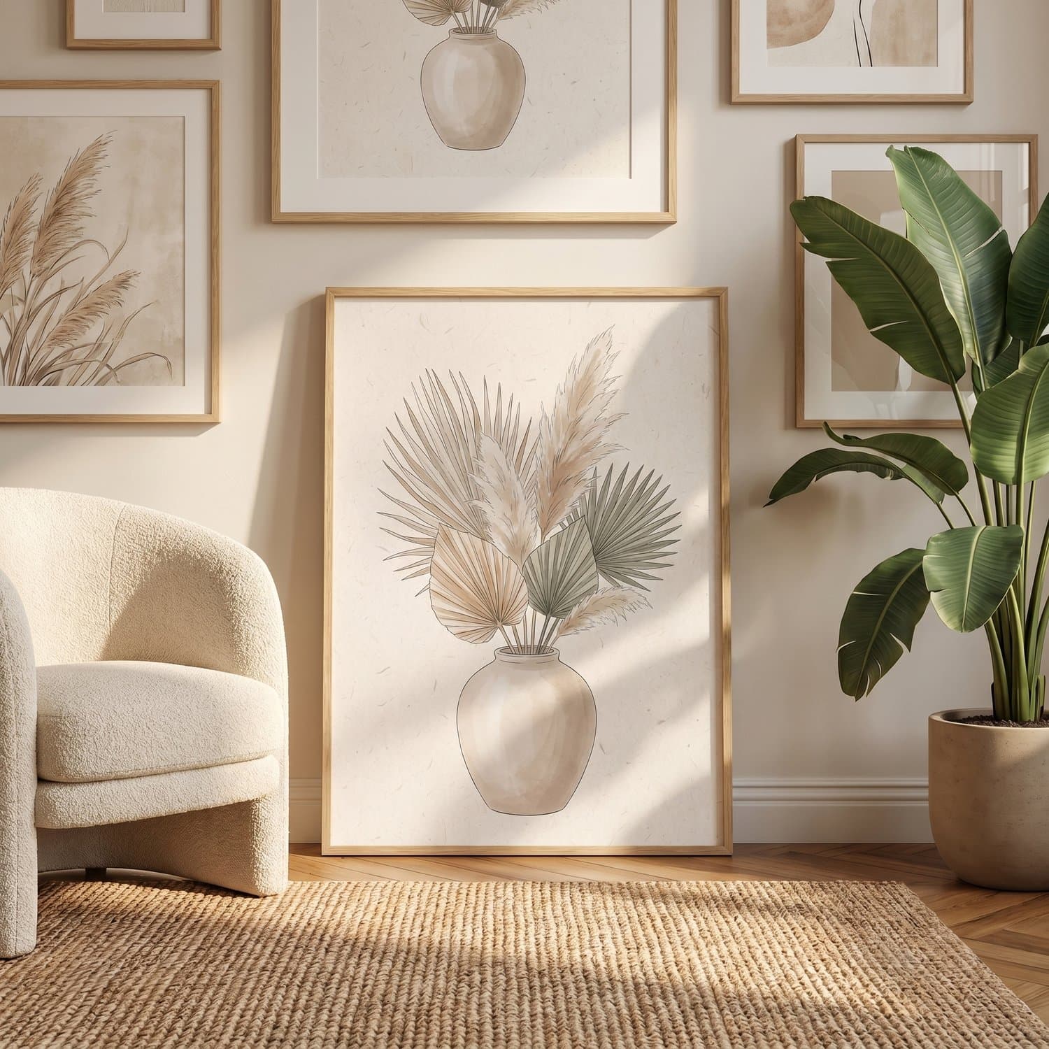 Palm In Vase Japandi print styled on a living room wall