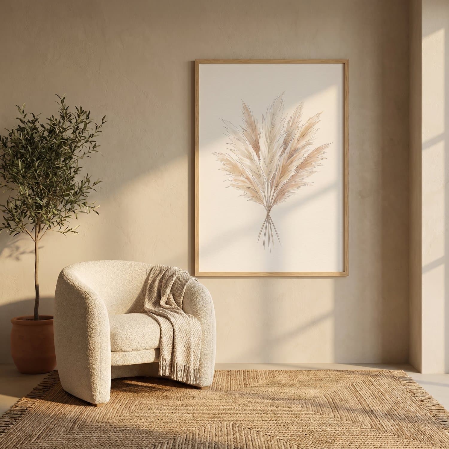 Pampas Grass Japandi print styled on a living room wall