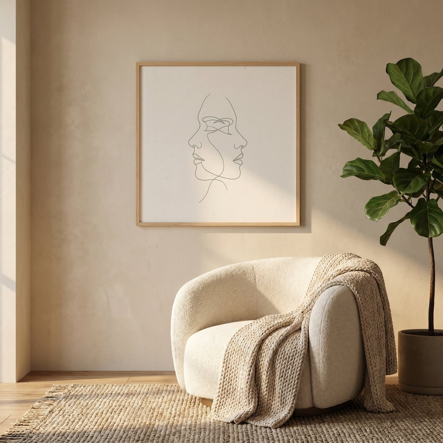 Two Faces Line Art Japandi print styled on a living room wall