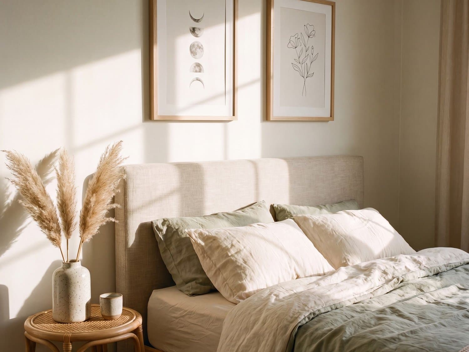 A framed Japandi print styled in a bedroom