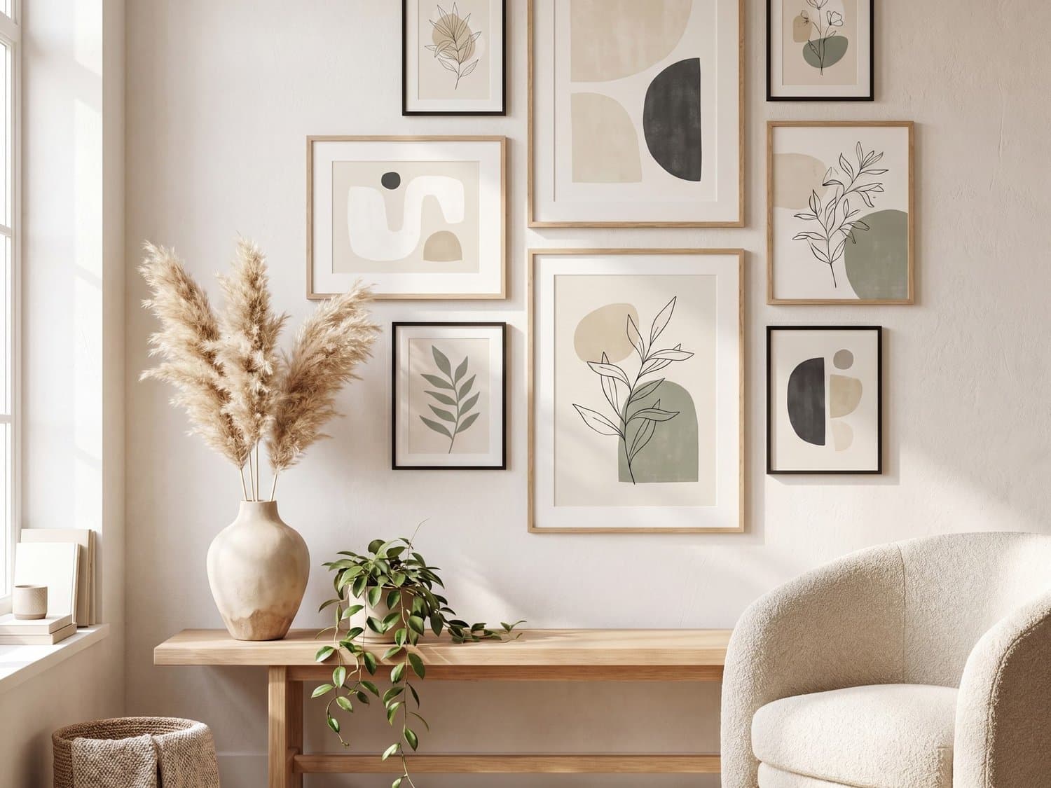 A Japandi gallery wall of calm neutral prints in a warm, minimal room